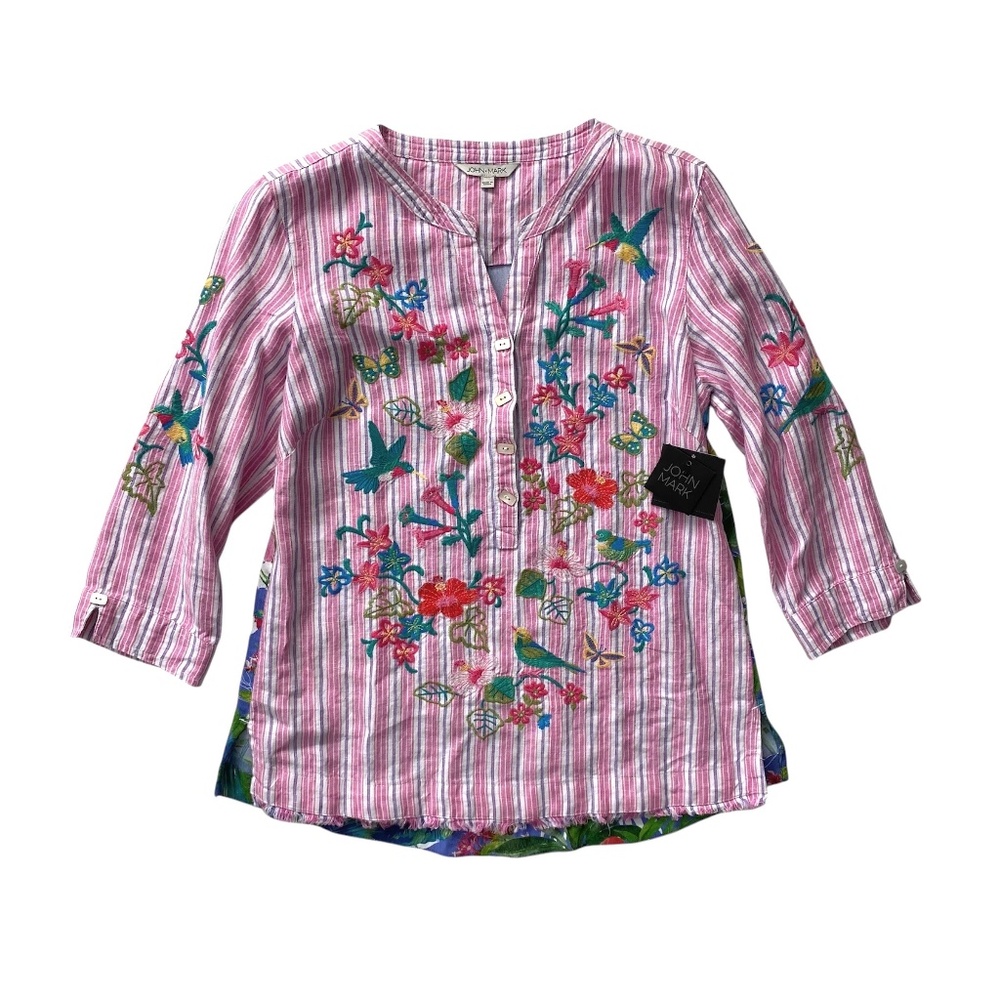 John Mark Nwt Pink Stripe Embroidered 3/4 Roll Tab Sleeve Petite Tunic Top
